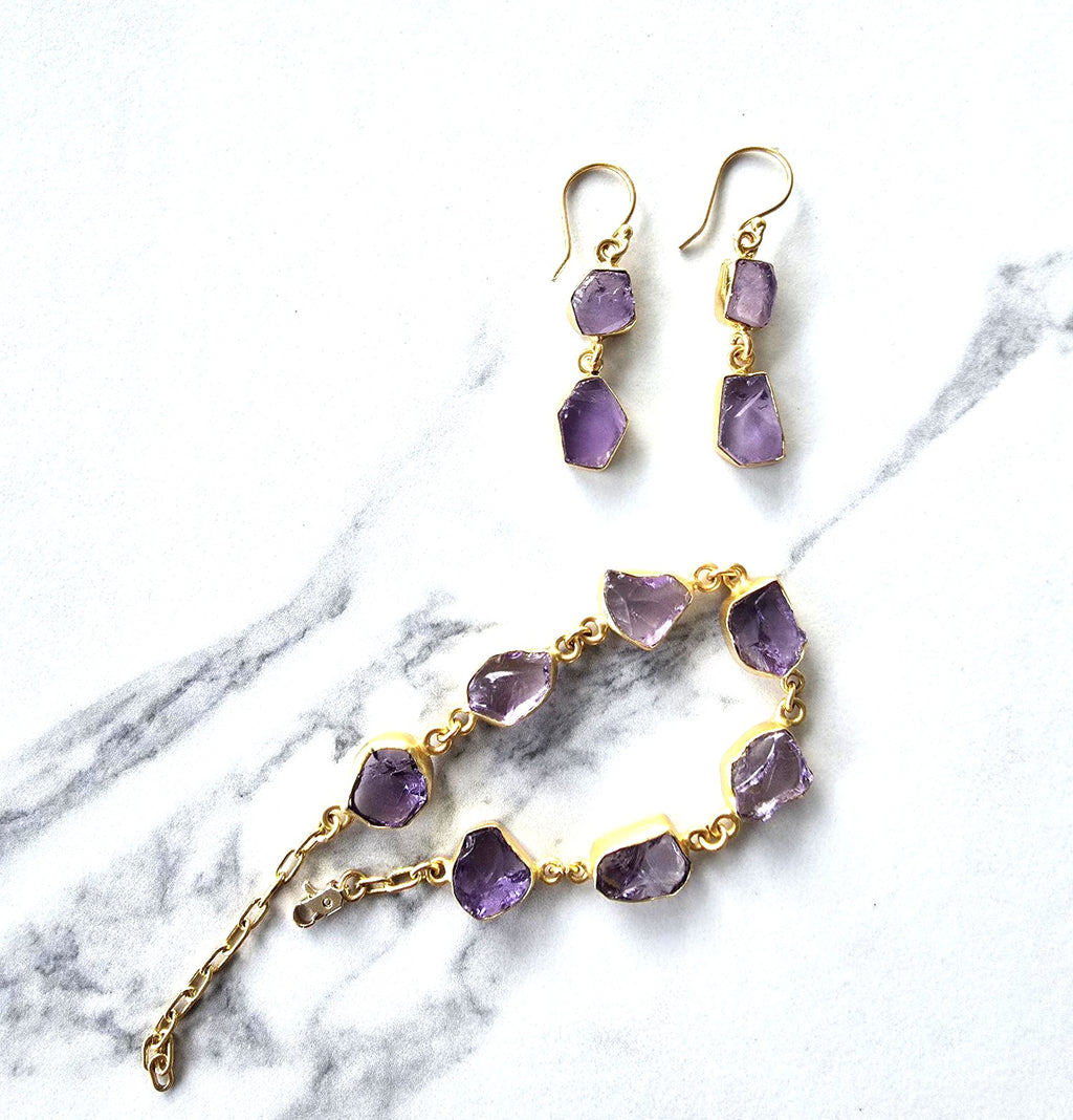 Amethyst 2 Drop Gold Plated Earrings