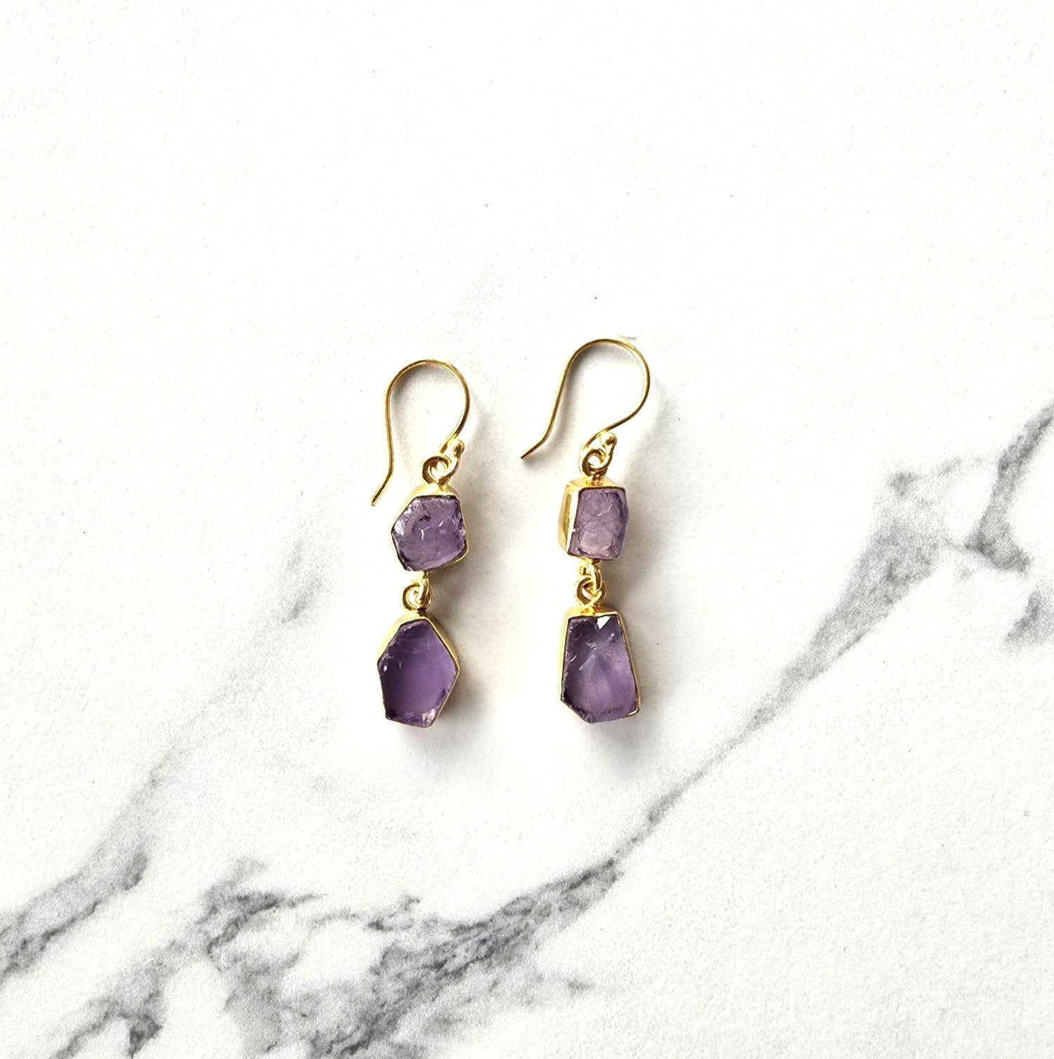 Amethyst 2 Drop Gold Plated Earrings