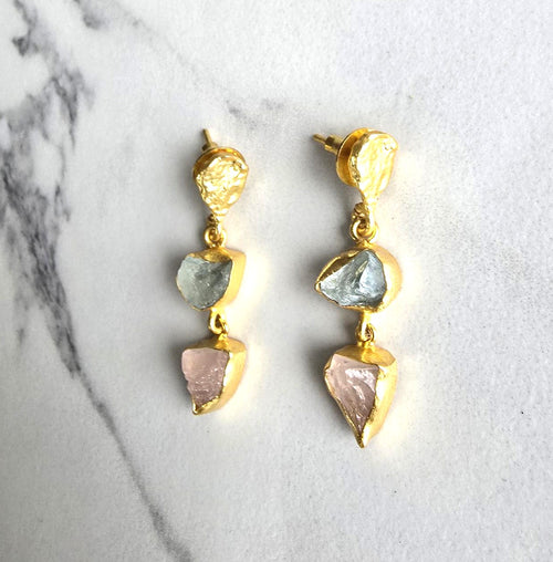 Gold plated aquamarine and rose quartz drop earrings on gold plated stud