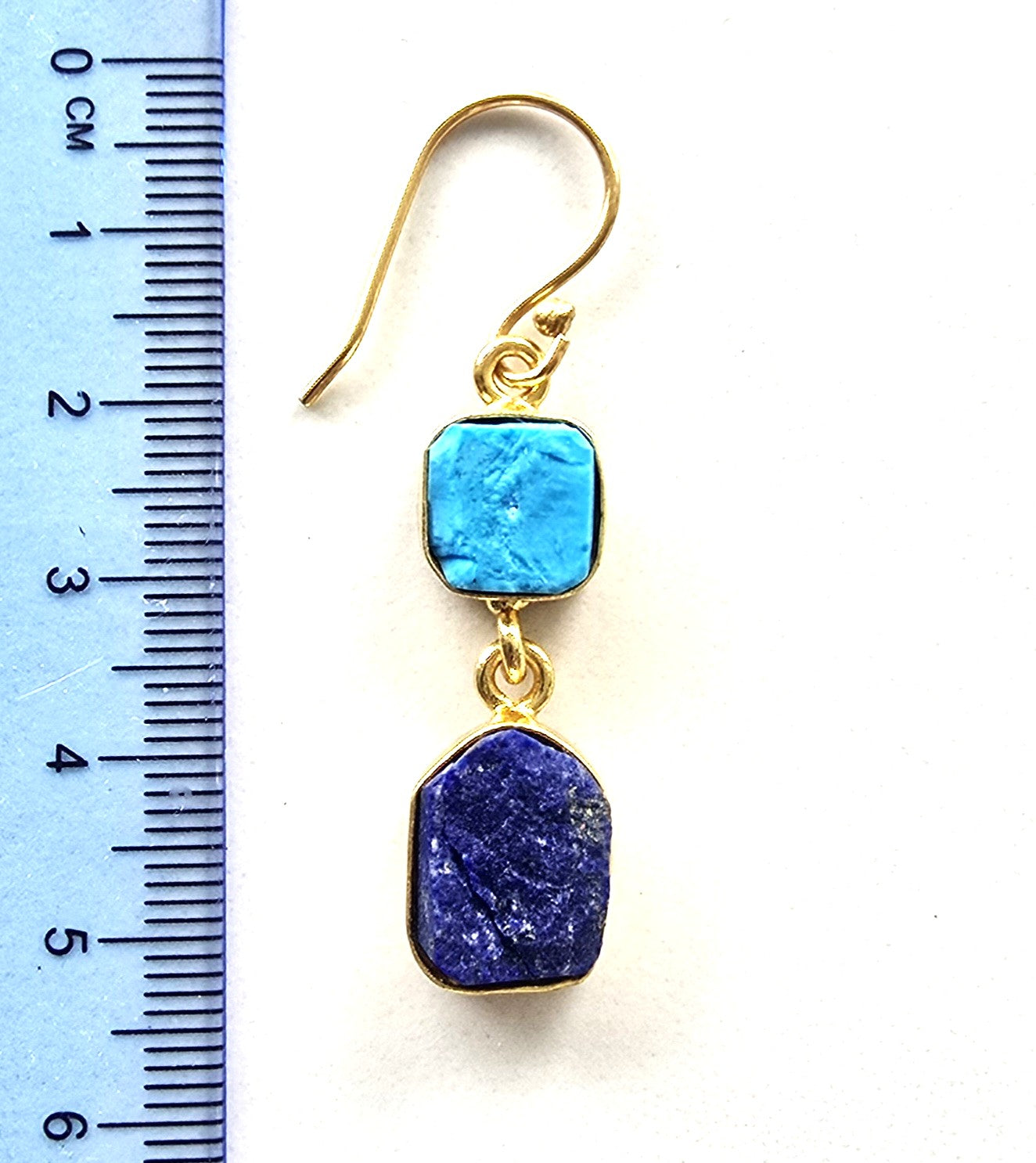 Gold plated drop earring with blue semi-precious gemstones, Arizona Turquoise and Lapis Lazuli, measuring 5.5cm long.