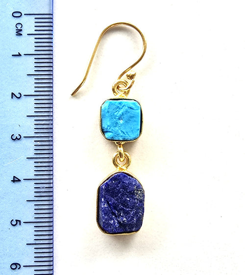Gold plated drop earring with blue semi-precious gemstones, Arizona Turquoise and Lapis Lazuli, measuring 5.5cm long.