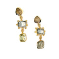 Gold earrings with yellow and blue gemstones and stud style 3 stone drop