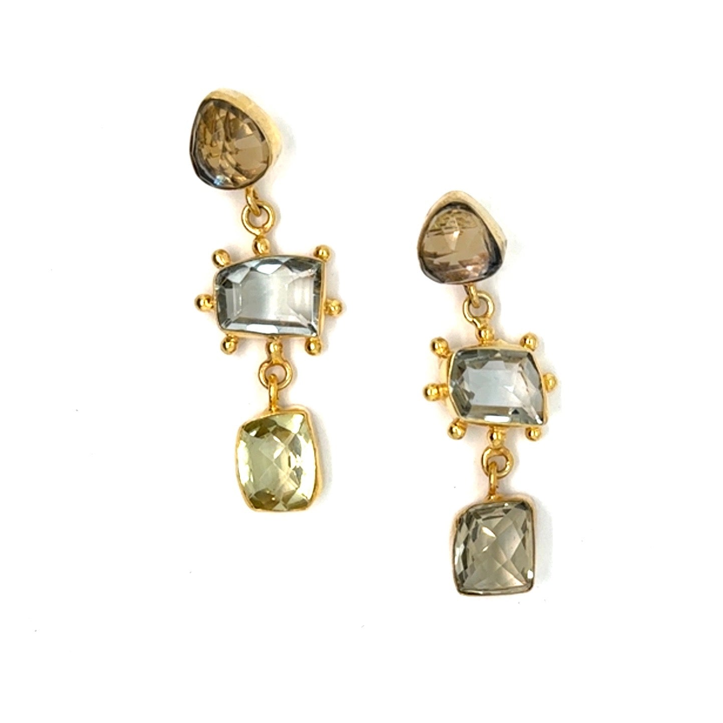 Gold earrings with yellow and blue gemstones and stud style 3 stone drop