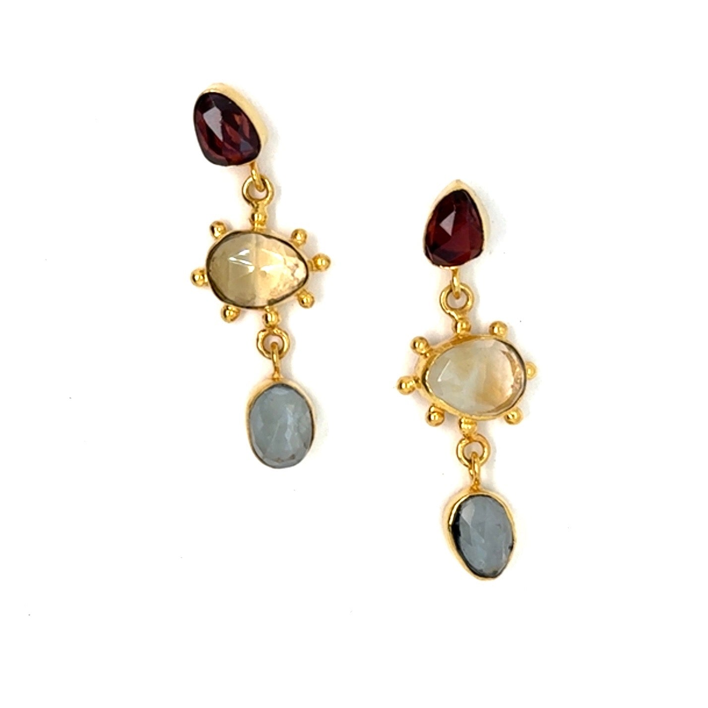 Gold drop earrings with garnet, yellow quartz and blue topaz gemstones