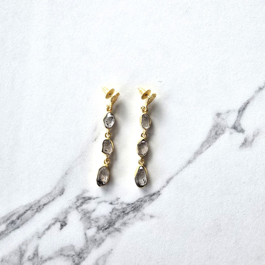 Herkimer Diamond 3 Drop Earrings in 18 Carat Gold Plate