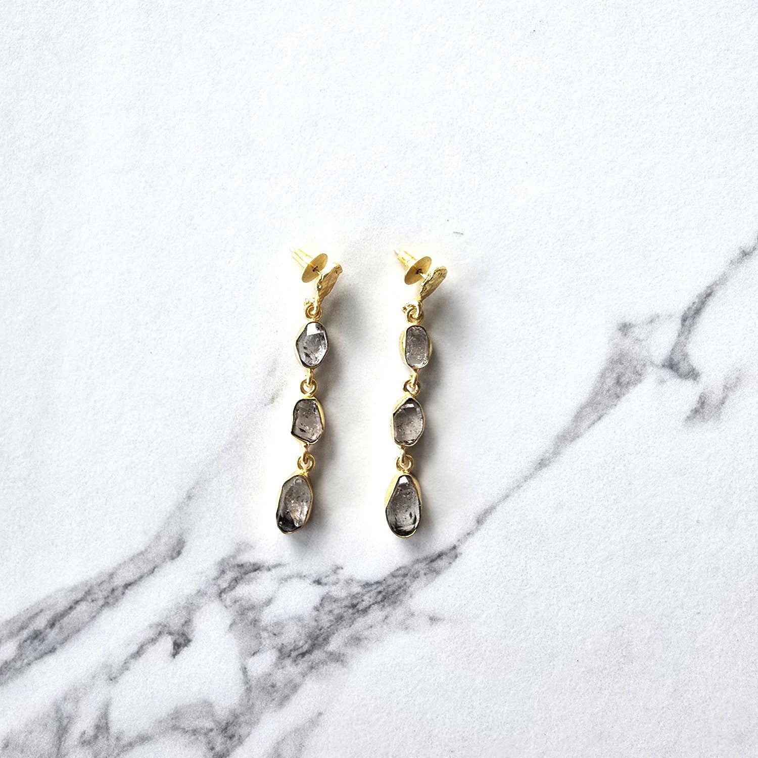 Herkimer Diamond 3 Drop Earrings in 18 Carat Gold Plate