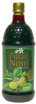 Bottle of Fujian Noni juice with a green label and gold cap.