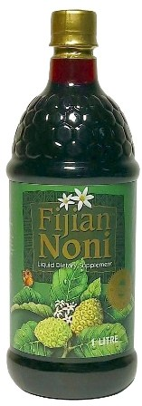 Bottle of Fujian Noni juice with a green label and gold cap.