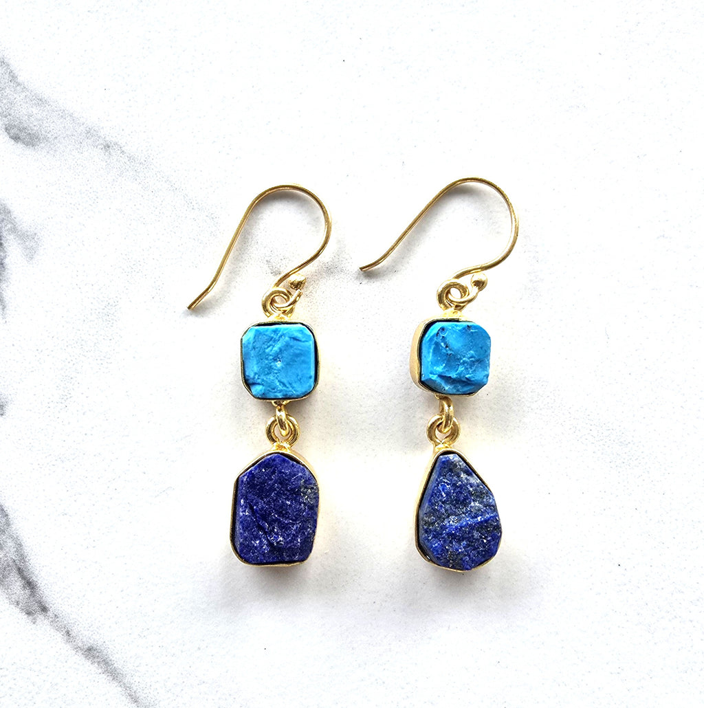 Pair of earrings with stunning blue semi-precious stones set in 18 carat gold plate