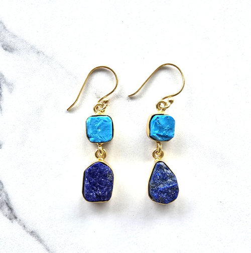 Pair of earrings with stunning blue semi-precious stones set in 18 carat gold plate