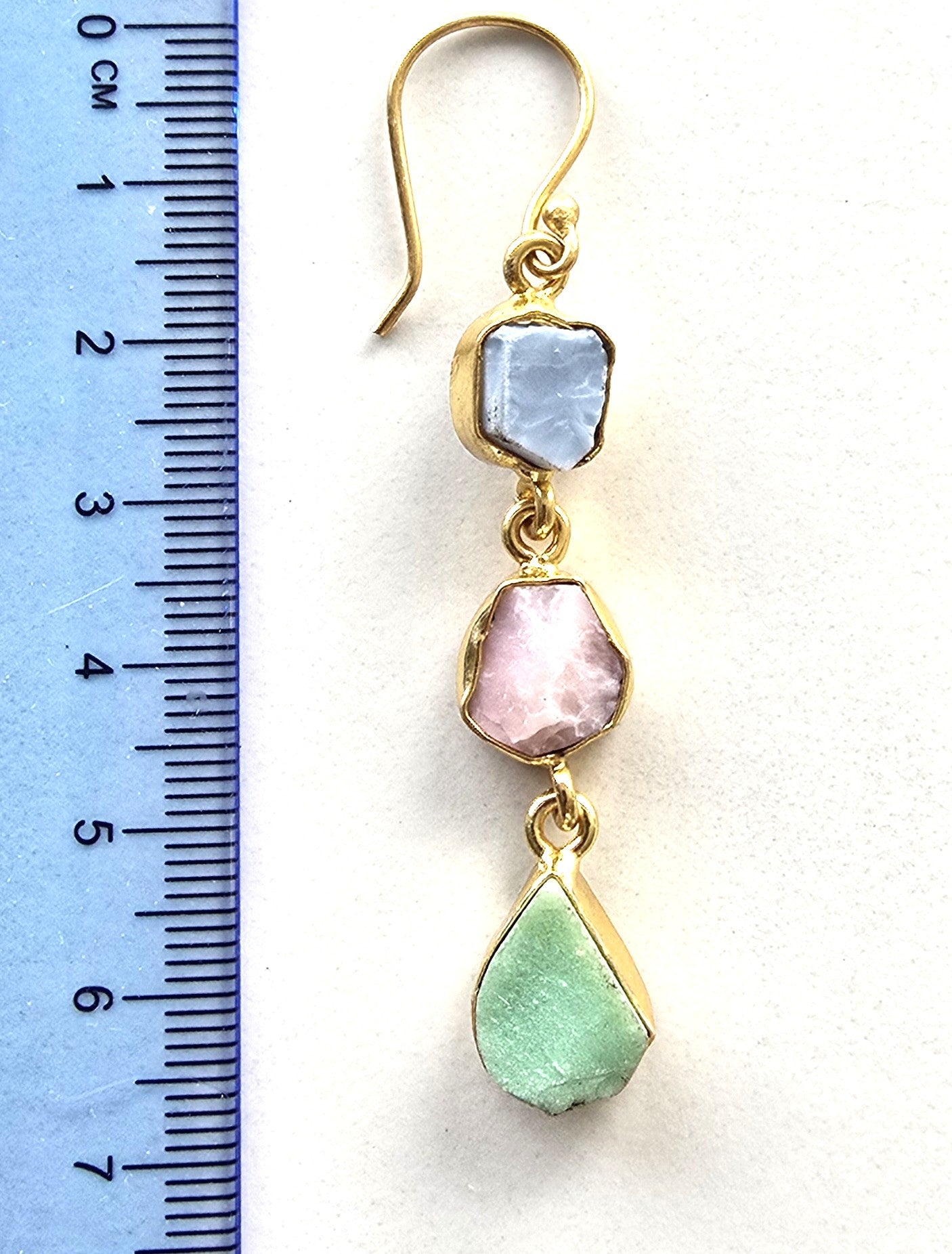 Gold plate earrings with baby blue, baby pink and pale green semi-precious stones with a 7cm drop