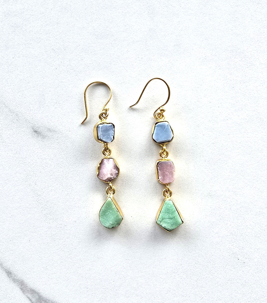 Pair of drop earrings with baby blue, baby pink and pale green semi-precious gemstones set in gold plate