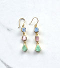Pair of drop earrings with baby blue, baby pink and pale green semi-precious gemstones set in gold plate