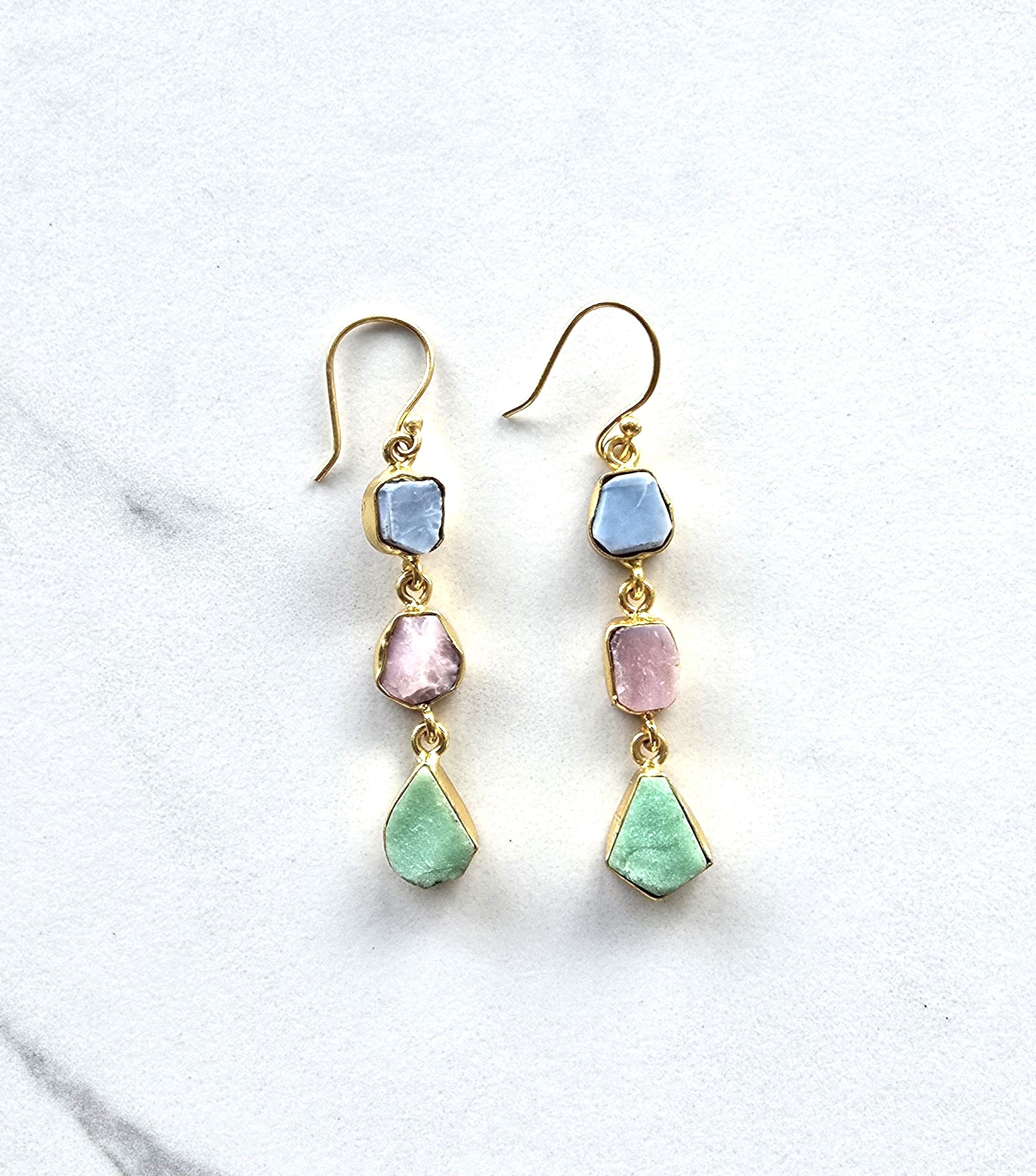 Pair of drop earrings with baby blue, baby pink and pale green semi-precious gemstones set in gold plate