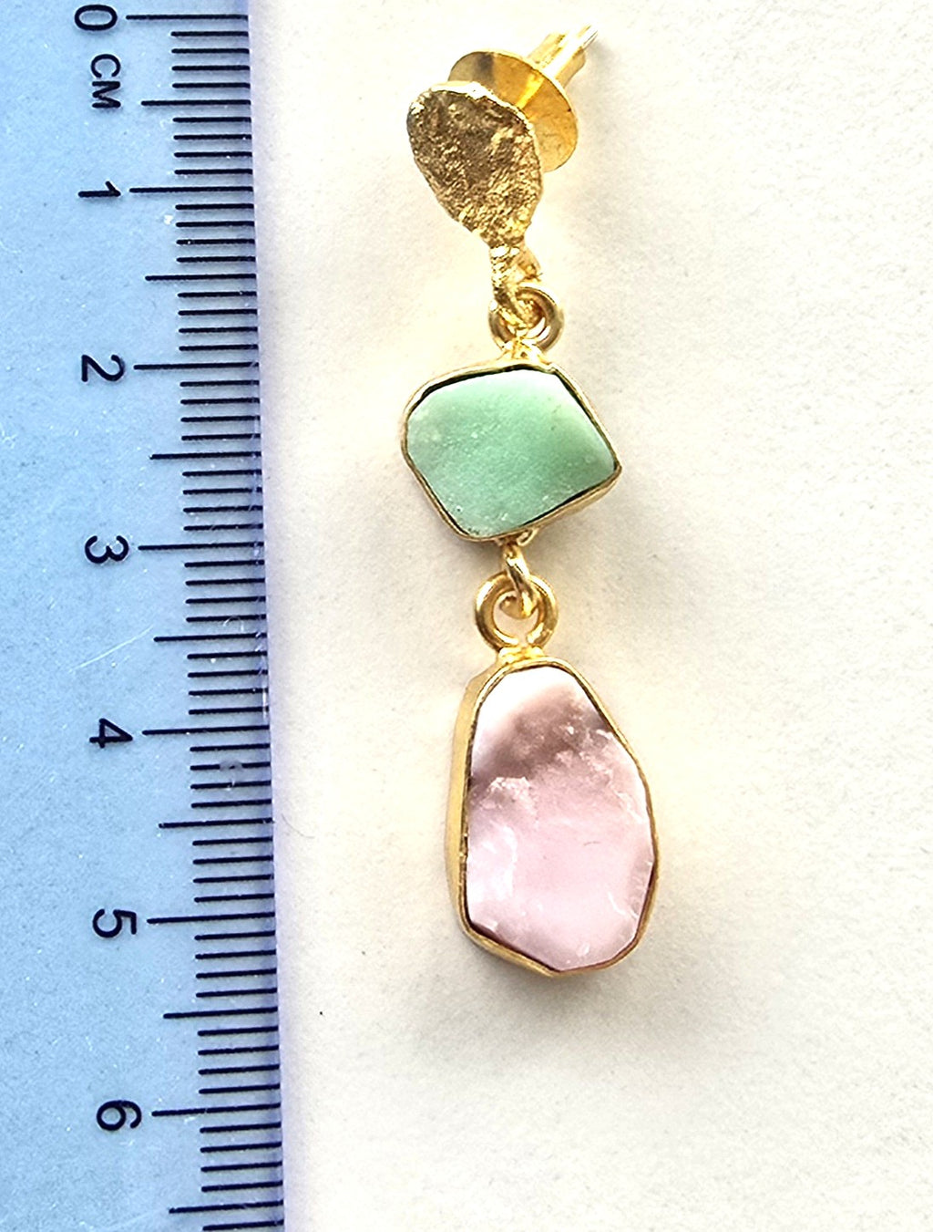 Pair of earrings with gold frames and green and pink semi-precious stones with a 5cm drop