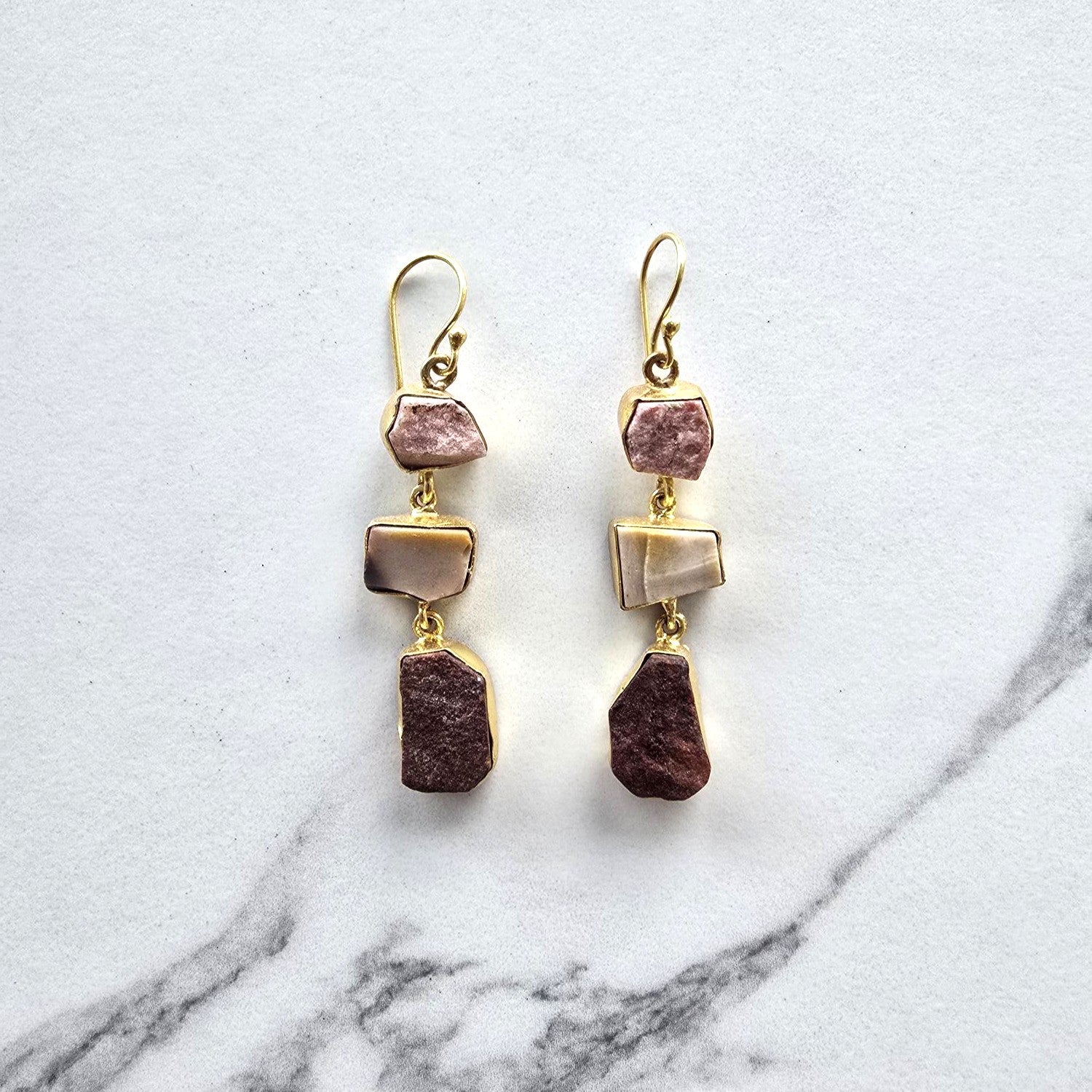 Pink Opal & Agate 3 Drop Gold Plated Earrings